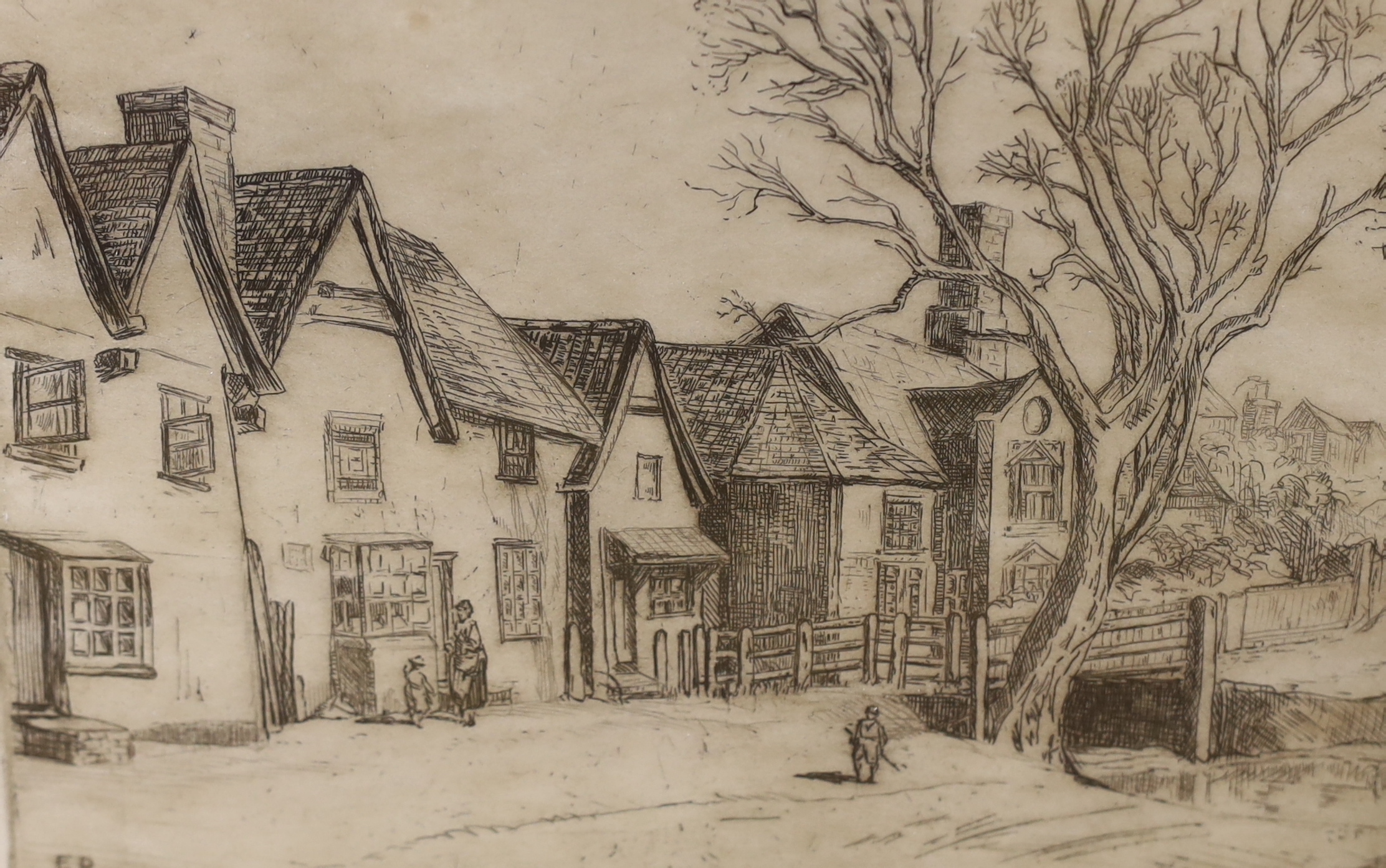 Harry Becker (1865-1928), drypoint etching, Study of a labourer, 14.5 x 7.5cm, an etching of Kersey, Suffolk by Ricketts and two small woodcuts